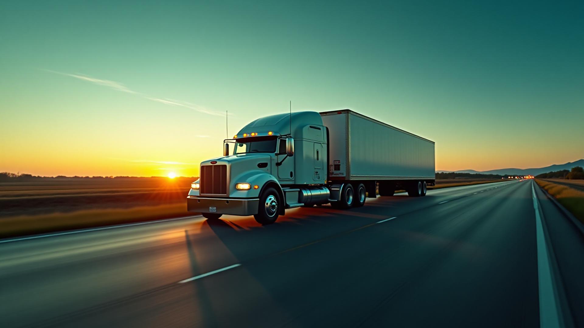 Hot shot truck racing against time on a modern highway at dawn