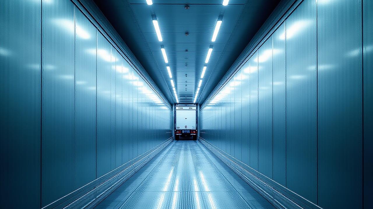 Inside a clean, modern refrigerated trailer with visible cooling vents and frost-tipped floors
